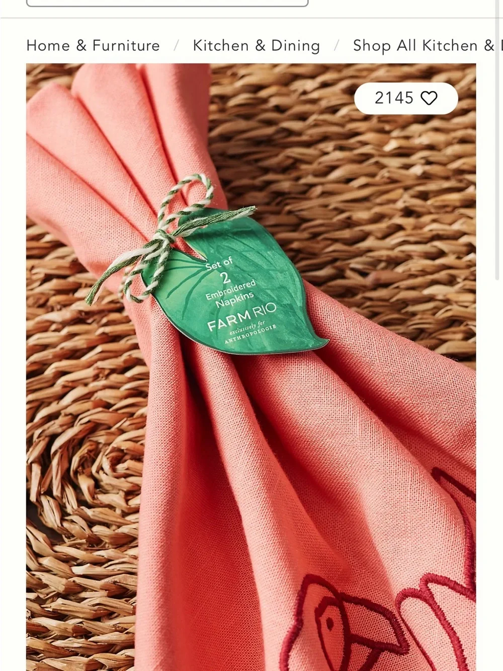 FARM Rio Coral Napkins with Dark Pink Parrot Embroidery | Set of 4